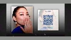 a woman with her hand on her face next to a qr code for an ad