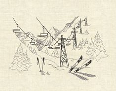 a drawing of skis and snowboards on a snowy slope with trees in the background