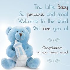 a blue teddy bear holding a baby bottle with congratulations written on the front and back