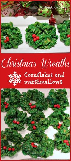 christmas wreaths made out of cookies and marshmallows on a white plate