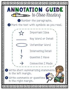 an annotation guide to close reading with text and pictures on the front cover