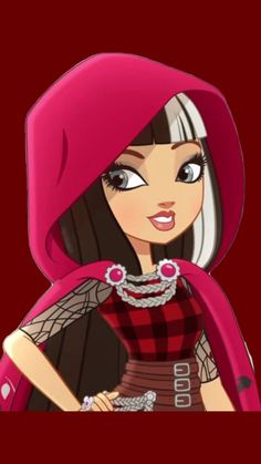 a cartoon girl with long hair wearing a red and black outfit