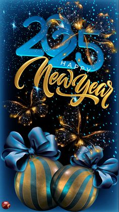 a blue and gold happy new year greeting card with two christmas balls, bows and sparkles