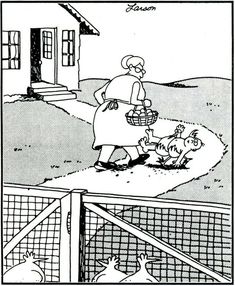 an old cartoon shows a woman in the yard with her dog and chickens, who are on