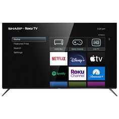 the sharp rouv tv is shown in black and features various logos on it