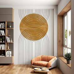 an orange chair sitting in front of a book shelf on top of a hard wood floor