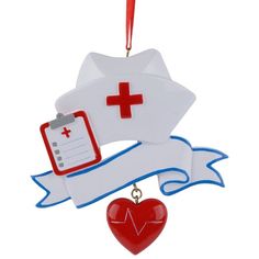 an ornament shaped like a nurse's hat with a red heart hanging from it