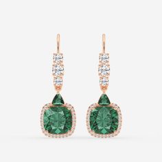 8mm Cushion, 3.5mm Trillion Cut Created Emerald and 5/8 ctw Round Lab Grown Diamond Drop Earrings 14K Rose Gold Fine Jewelery, Gold Necklace Set, Leverback Earrings, Diamond Drops, Diamond Drop Earrings, Cute Earrings, Cute Jewelry, Necklace Set, Fashion Earrings