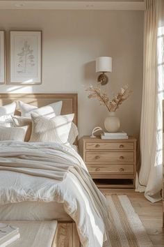 a bed with white linens and pillows in a bedroom next to two framed pictures on the wall