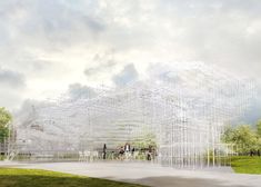 an artist's rendering of people standing in front of a structure made out of scaffolding