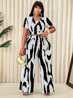 Plus Allover Print Crop Top & Wide Leg Pants Black and White Casual    Colorblock,Graphic,All Over Print  Medium Stretch  Women Plus Clothing, size features are:Bust: ,Length: ,Sleeve Length: Material Styles, Cloth Designs, Set Outfits, African Lace, Pants Suit, Lace Dresses, Co Ords, Womens Tie