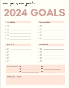 the new year's goals goal sheet is shown in pink, with hearts on it