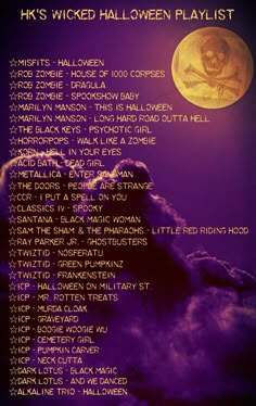 the halloween playlist is written in front of a full moon and purple sky with clouds