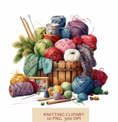 a basket filled with balls of yarn and knitting needles