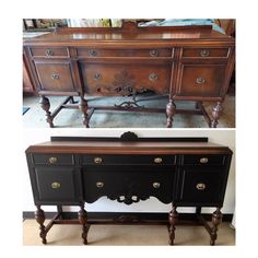 an old dresser has been painted black and gold