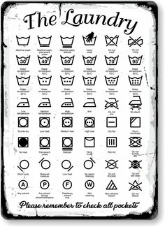 the laundry symbols are shown in black and white, with an old - fashioned background