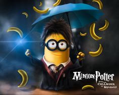 a cartoon character holding an umbrella with bananas flying around him and the caption's name is harry potter