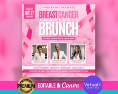 Breast Cancer Awareness Flyer, Pinktober Brunch Flyer, Women Empowerment Flyer, Breast Cancer Brunch Flyer, DIY Canva Template Design by VirtualXCreatives on Etsy Brunch Flyer, Brunch Celebration, Event Template, Flyer Template, Level Up, Stationery Design, Women Empowerment