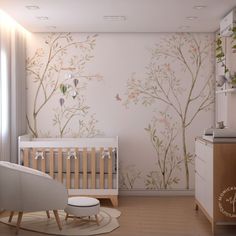 a baby's room with a crib, dresser and wallpaper in it