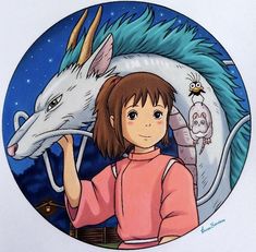 a drawing of a girl with a dragon on her shoulder next to a white rat