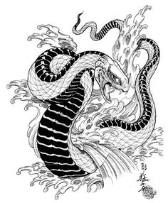 a black and white drawing of a dragon with water splashing on it's back