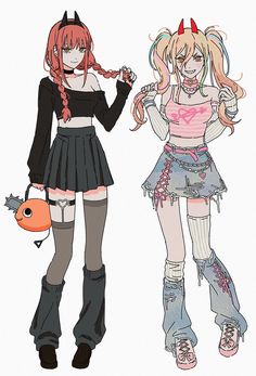 two anime characters are standing next to each other, one is holding a purse and the other has horns on her head