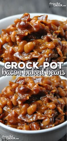 crock pot bacon baked beans in a white bowl