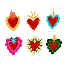 six heart shaped tattoos with different colors and designs on the sides, each one has a cross