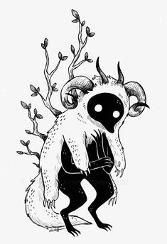 a black and white drawing of a creature with horns on it's head, standing in