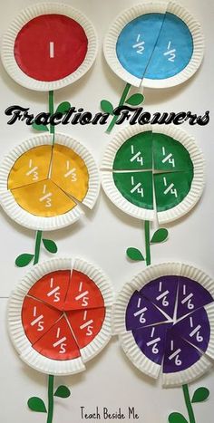 four paper plates with different colored numbers on them and the words fraction flowers written below