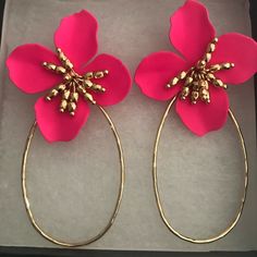 Super Fun Gold Hoop Earrings With Hot Pink Flower . Hoops Have A Hammered Detail And Flower Has Gold Dangle Center. Never Worn ! Pink Hoop Flower Earrings For Pierced Ears, Small Hoop Pink Flower Earrings, Spring Pink Hoop Earrings, Trendy Pink Flower Hoop Earrings, Pink Hoop Flower Earrings For Spring, Pink Hoop Earrings For Spring, Pink Flower Hoop Earrings For Spring, Flower Shaped Hoop Earrings For Party, Pink Handmade Hoop Earrings For Spring