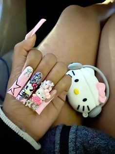 Long Nail Designs Hello Kitty, Unique Acrylic Nails Hello Kitty, Hello Kitty Gyaru Nails, Xl Long Acrylic Nails Hello Kitty, Big Hello Kitty Charm Nails, Purple Acrylic Nails, Hello Kitty Nails