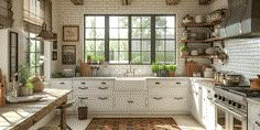 a kitchen filled with lots of white cabinets and counter top space next to a window