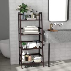 a bathroom with a sink and shelving unit