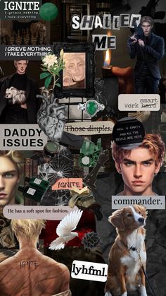 the collage has many different pictures and words on it, including an image of a man