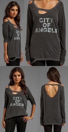 the back of a woman's shirt that says city of angels in multiple pictures