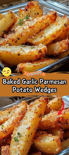 baked garlic parmesan potato wedges in a pan