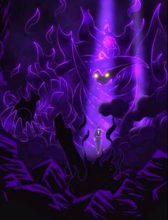 an animated image of a demon in the dark with glowing eyes and purple lighting behind it