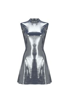 Our dress features a metallic foil print, enhancing its glossy reflective fabric.A-line silhouette with bell shapeFitted waistZero sleevesMandarin collarJacquard overlay with metallic foil printGlossy reflective fabricMaterials: 90% polyester, 10% elastaneMade in Turkey.Model Measurements: Height 180 cm Bust 83 cm Waist 62 cm Hips 91 cm Model Size: S Sleek Shiny Dress For Evening, Sleek Shiny Party Dress, Metallic Mini-length Disco Dress, Metallic Mini Length Disco Dresses, Chic Metallic Dress With Sheen, Chic Metallic Sheen Dress, Metallic Mini Dress For Disco, Fitted Shimmer Dress For Festive Season, Glamorous Metallic Mini Dress With Shimmer