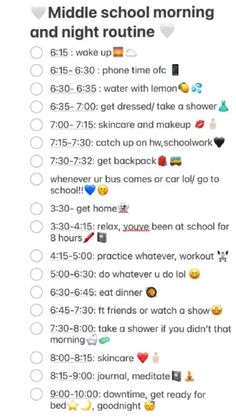 a list with the words middle school morning and night routine