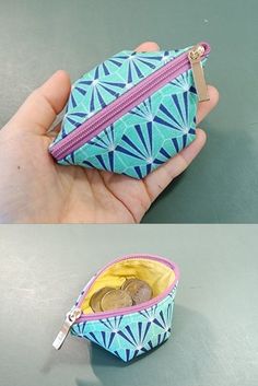 two pictures of small zippered pouches with coins in them, one is blue and the other is yellow