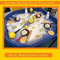 a pancake play dough tray with lemons and other ingredients