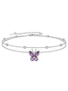 PRICES MAY VARY. Sterling Silver Butterfly Anklet - Unique double-layered chain design, vivid butterfly charm chain and polished bead ball chain, sparkling 12 birthstone are made of AAA+ cubic zirconia, simple and elegant, make you sexy and outstanding on the beach. It is a perfect gift for beach lovers. No tarnish & Waterproof Anklets - Our double chain anklets are made of 925 sterling silver with S925 stamped, exquisite platinum plated crafts to prevent oxidation, Hypoallergenic, lead & nickel Dragon Goddess, Sterling Silver Anklets, Elegant Anklet, Butterfly Anklet, Double Chain Bracelet, Anklets For Women, Foot Bracelet, Anklet Designs, Bead Ball