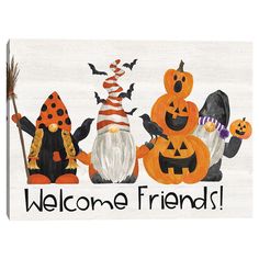 three halloween pumpkins and witches with the words welcome friends written in black on a white background