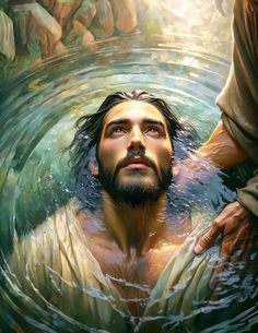 jesus in the water with his eyes closed and hands on him's shoulder, looking up