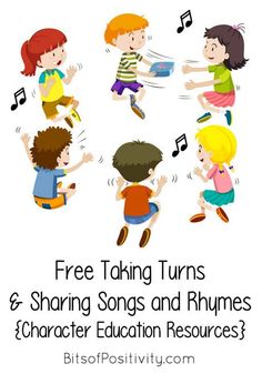 children jumping and dancing with the words free talking turns & sharing songs and rhymes character education resources?