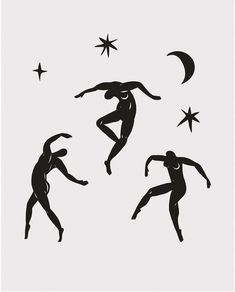 three black and white silhouettes of people dancing in the air with stars above them