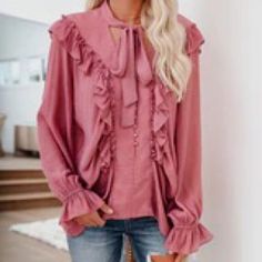 Vici Dusty Rose Tie Blouse Chic Pink Blouse For Fall, Chic Pink Fall Blouse, Feminine Pink Blouse For Fall, Feminine Tie Neck Tops For Spring, Feminine Spring Tops With Tie Neck, Elegant Pink Tie Neck Top, Feminine Fall Shirt, Pink Fitted Tie Neck Top, Spring Party Tie Neck Top