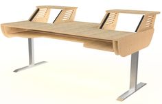 a wooden desk with metal legs and two chairs on it's backrests