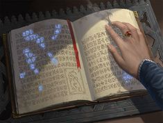 an open book with writing on it and a person's hand pointing at it